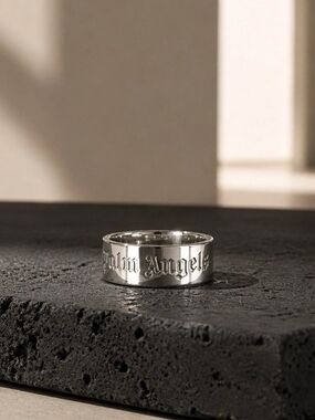 Palm Angels Classic Logo Engraved Band Ring Silver Tone Brass 58 8mm